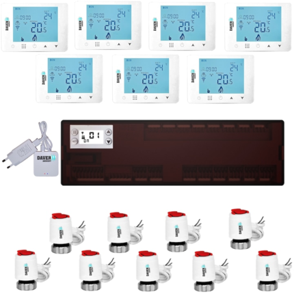 Pachet automatizare Premium ZigBee Clima pentru incalzire si racire din distribuitor cu 7 zone cu pompa de caldura, Daver