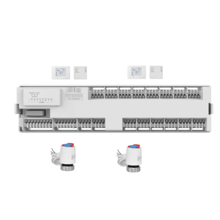 Sistem automatizare incalzire in pardoseala centru de comanda incalzire pardoseala, 2 termostate inteligente wireless HY09WIFI-RF controlate prin Internet, 2 actuatoare