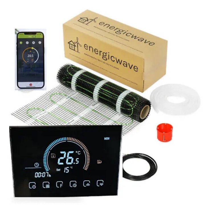 Kit de incalzire in pardoseala energicwave,1m2, termostat programabil WiFi, negru