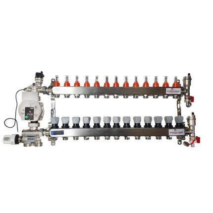 Set distribuitor pardoseala RTM cu 13 cai, 3/4", cu grup amestec Emmeti cu pompa Wilo Para STG 25/7 si kit aerisitor incluse