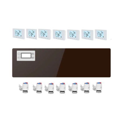 Sistem automatizare incalzire in pardoseala wireless controlat prin internet centru de comanda incalzire pardoseala, 8 termostate inteligente wireless controlate prin Internet, 8 actuatoare electrice
