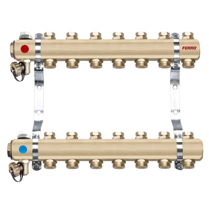 Distribuitor/colector 1" din alama 7 circuite 3/4" cu ventile inchidere si aerisitor