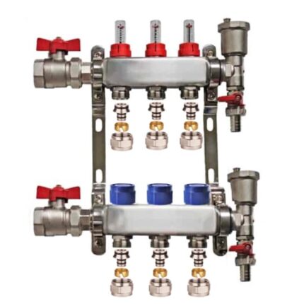 Set distribuitor 1" / 3 circuite cu conectori EK x 16 mm, robineti golire, aerisitoare automate si robineti cu olandez, Daver