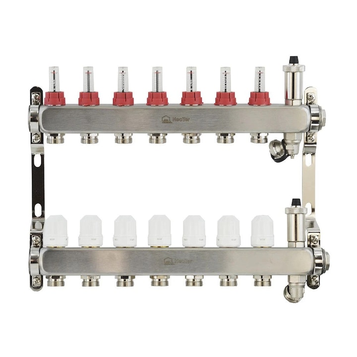Kit distribuitor incalzire in pardoseala, Neoter, 7 cai, Inox, debitmetre, robinet termostatici, 1 tol x 3/4 toli