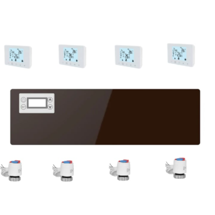 Sistem automatizare incalzire in pardoseala wireless controlat prin internet centru de comanda incalzire pardoseala, 4 termostate inteligente wireless controlate prin Internet, 4 actuatoare electrice