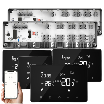 Kit Automatizare Incalzire Pardoseala Smart Q10, Controller 2x8 zone, Termostate Wifi cu fir Q10, Control prin telefon, ideal pentru a controla centrale pe gaz sau electrice