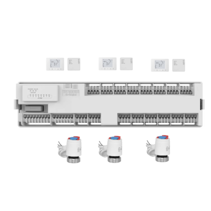 Sistem automatizare incalzire in pardoseala centru de comanda incalzire pardoseala, 3 termostate inteligente wireless HY09WIFI-RF controlate prin Internet, 3 actuatoare