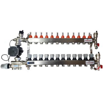 Set distribuitor pardoseala RTM cu 12 cai, 3/4", cu grup amestec Emmeti cu pompa Grundfos 25/70 UPM3 Hybrid si kit aerisitor incluse
