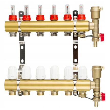 Set distribuotor pentru incalzire in pardoseala, Aquer, 12 circuite, Alama, Auriu