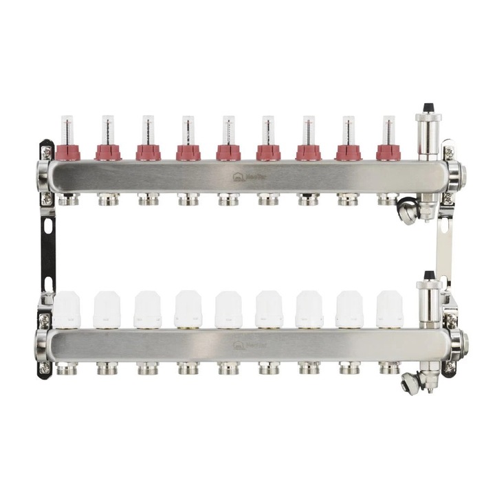 Kit distribuitor incalzire in pardoseala, Neoter, 9 cai, Inox, debitmetre, robinet termostatici, 1 tol x 3/4 toli