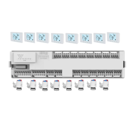 Sistem automatizare incalzire in pardoseala centru de comanda, 8 termostate inteligente cu fir HY09WIFI controlate prin Internet, 8 actuatoare