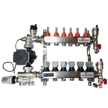 Set distribuitor pardoseala RTM cu 6 cai, 3/4", cu grup amestec Emmeti cu pompa Grundfos 25/70 UPM3 Hybrid si kit aerisitor incluse