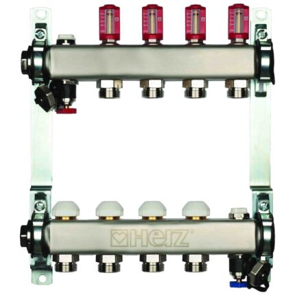 Set distribuitoare inox Herz pentru instalatii de incalzire in pardoseala, plafon sau pereti, cu debitmetre si robinete termostatice - DN25 - 10cai x G3/4", 1 8632 10