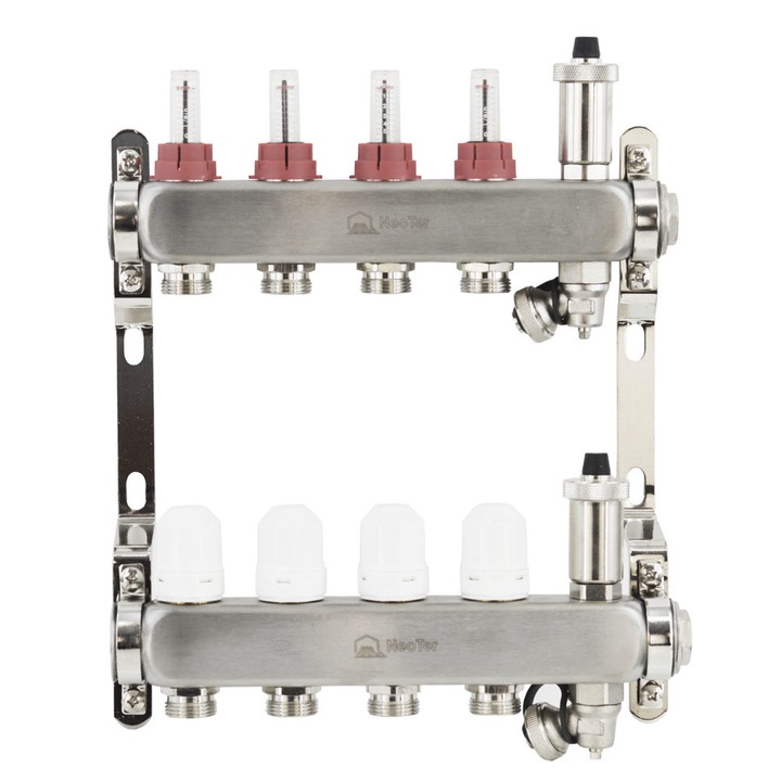 Kit distribuitor incalzire in pardoseala, Neoter, 4 cai, Inox, debitmetre, robinet termostatici, 1 tol x 3/4 toli