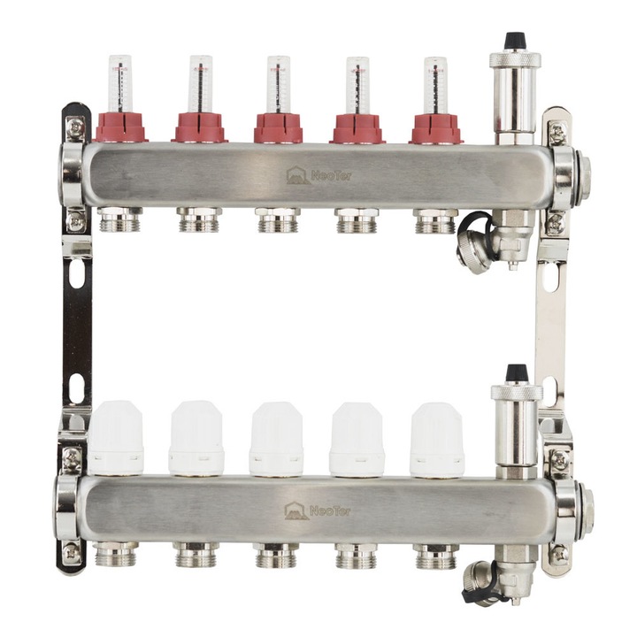 Kit distribuitor incalzire in pardoseala, Neoter, 5 cai, Inox, debitmetre, robinet termostatici, 1 tol x 3/4 toli