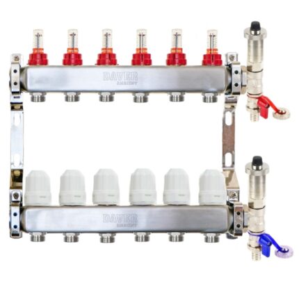Distribuitor pentru 6 circuite cu debitmetre, robineti golire si aerisitoare automate, Daver, pentru incalzire in pardoseala