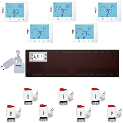 Pachet automatizare Premium ZigBee Clima pentru incalzire si racire din distribuitor cu 5 zone cu pompa de caldura, Daver
