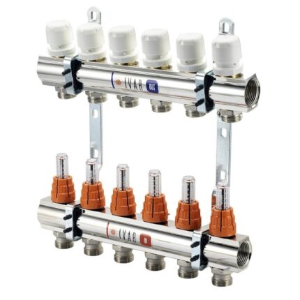 Set distribuitor tur/retur cu debitmetru IVAR din alama 1" x EK - 6 cai