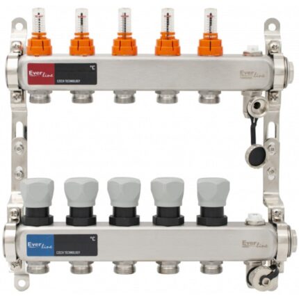Set distribuitor Everline EVP-DSB3411/5, cu debitmetre, aerisitor manual si Robinetide golire 1"- 5 cai, Inox