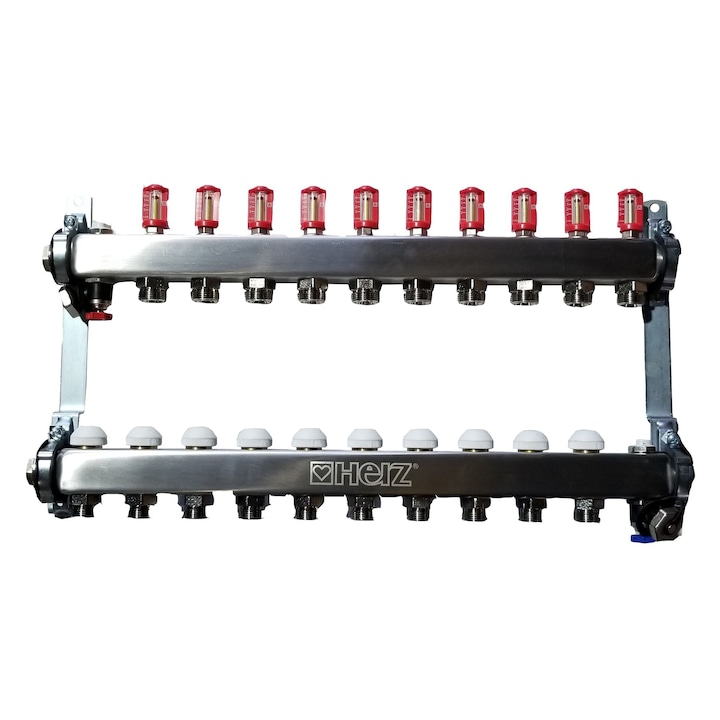 Ansamblu distribuitor cu debitmetru inox 9 cai, 1" cu iesire G3/4, Herz