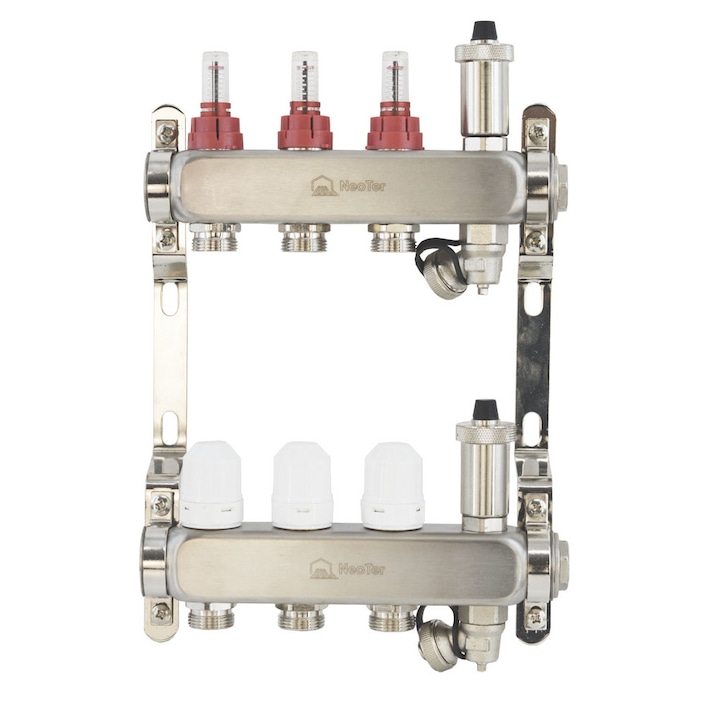 Kit distribuitor incalzire in pardoseala, Neoter, 3 cai, Inox, debitmetre, robinet termostatici, 1 tol x 3/4 toli