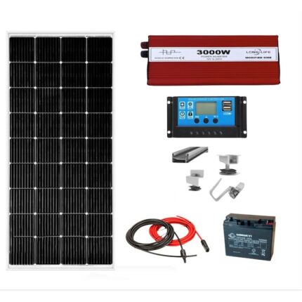 Kit solar fotovoltaic off grid invertor 3000W 12V, panou solar 50W, regulator/ controller 30A, baterie solara 20Ah AGM, structura prindere panouri si 20 m cablu solar cabana, rulota, casa, autorulota, container, iluminat, Solid Volt