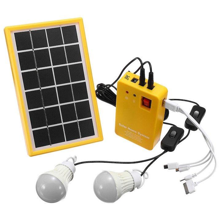 Kit cu panou solar portabil, UBX®, 2 becuri 1 W, radio, functie de incarcare a telefonului mobil, IP33, plastic, 23.5x14.5 cm, galben