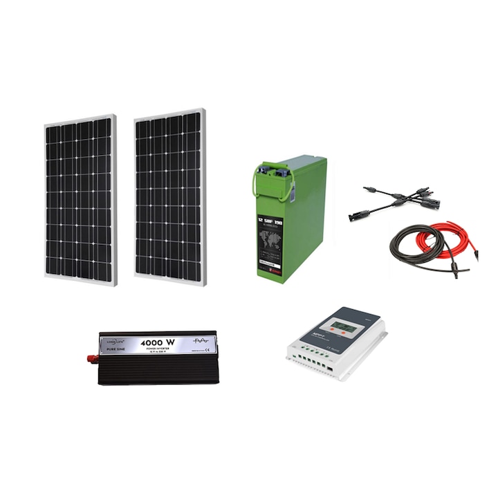 Kit fotovoltaic solar sistem 360 W (2 panouri solare 180 W ) 12 V, regulator/controller solar Epever MPPT 30 A, invertor 4000W, SINUS PUR, baterie solara AGM 190A, Solid Volt