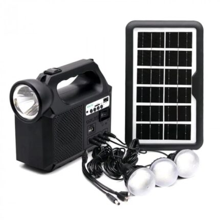 Kit Solar Portabil 7STAR ® cu 3 Becuri, Panou solar, Bluetooth, FM / TF, USB, LED SMD, 8000 mAH, Operare 14 h, Lanterna LED, Power Bank, Incarcare 10 h, Negru