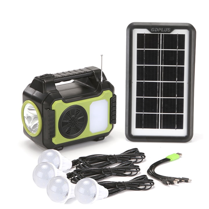 Kit solar GD-8071 dotat cu dispozitive USB cu 4 becuri si Radio Kit solar GD-8071 dotat cu dispozitive USB cu 4 becuri si Radio