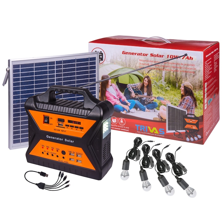 Kit cu panou fotovoltaic 10W si generator 7AH, Sistem fotovoltaic 12V / 7Ah, 10W, 4 becuri LED x 3W, SD, UBS + radio FM / AM, 4 USB 5V