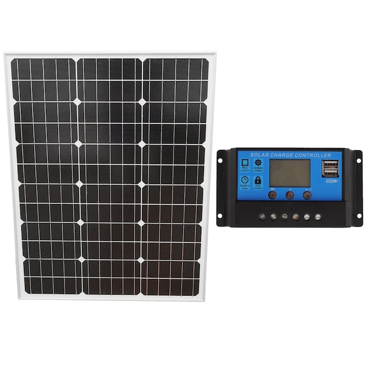 Kit Panou solar 50W, PYRAMID®, fotovoltaic, monocristalin, controller 30A 12/24V, cablu conectare, tensiune 18V, PS-PYR50