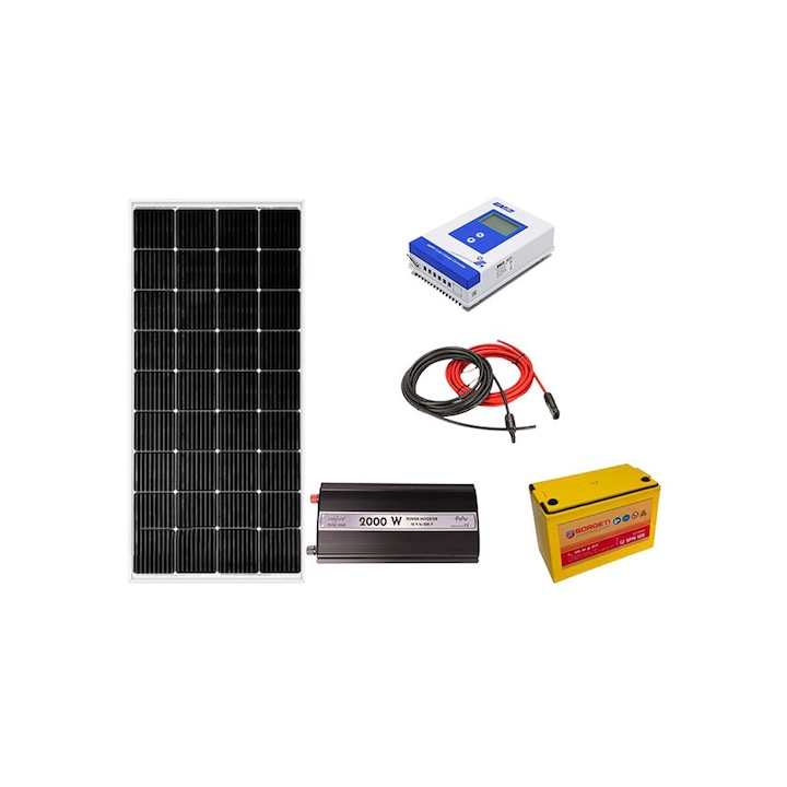 Kit fotovoltaic solar off-grid, panou 200W, invertor sinus pur 2000W, controller MMPT 20A, baterie solara AGM 105 Ah, cabana, rulota, locuri izolate, container, Solid Volt