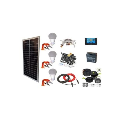 Sistem fotovoltaic panou 70W, controller 20A, baterie 20Ah AGM, conectori, cablu solar, becuri led, kit supravietuire 18 in 1, aragaz camping si set gatit camping, outdoor, rulota, iluminat, cabana, Solid Volt