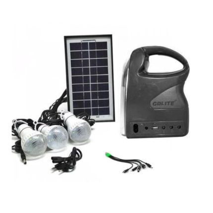Kit cu Incarcare Solara Portabil GDLITE 7, Compus din 3 Becuri LED, Lanterna, Incarcare USB, Acumulator cu Autonomie Mare, Kit Camping Panou Solar, Acumulator cu Autonomie Mare, Negru