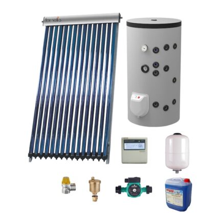 Sistem solar presurizat, panou Fornello 15 Tuburi Heat Pipe, boiler cu 2 serpentine si rezistenta electrica Eldom 150 litri cu montaj pe sol, pompa 25-60, controller, vas expansiune, antigel, supapa 1/2, aerisitor 1/2