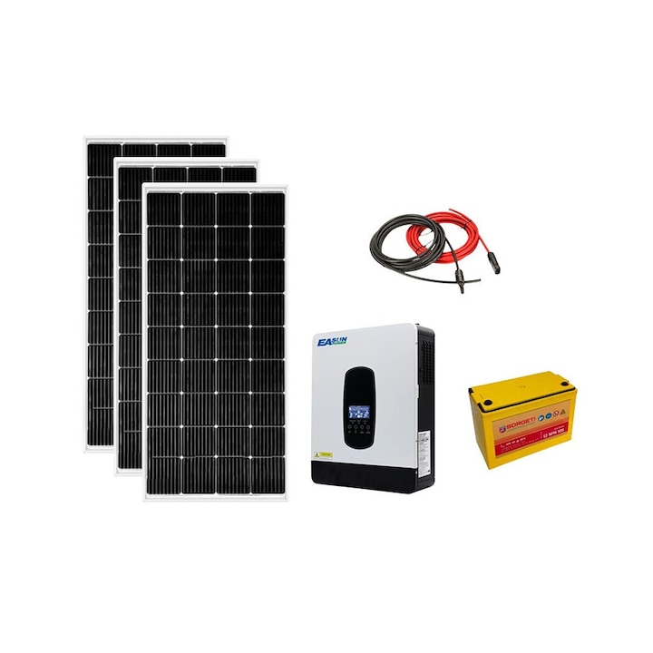 Kit fotovoltaic solar off-grid cu Invertor hybrid 2.2KW, MPPT controler incorporat, 3 panouri 200W, baterie solara AGM 105 Ah, cabana, rulota, locuri izolate, container, Solid Volt