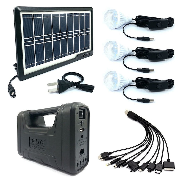 Kit cu panou solar cu 3 becuri, USB, radio, MP3, lampa cu LED-uri - GD-8050