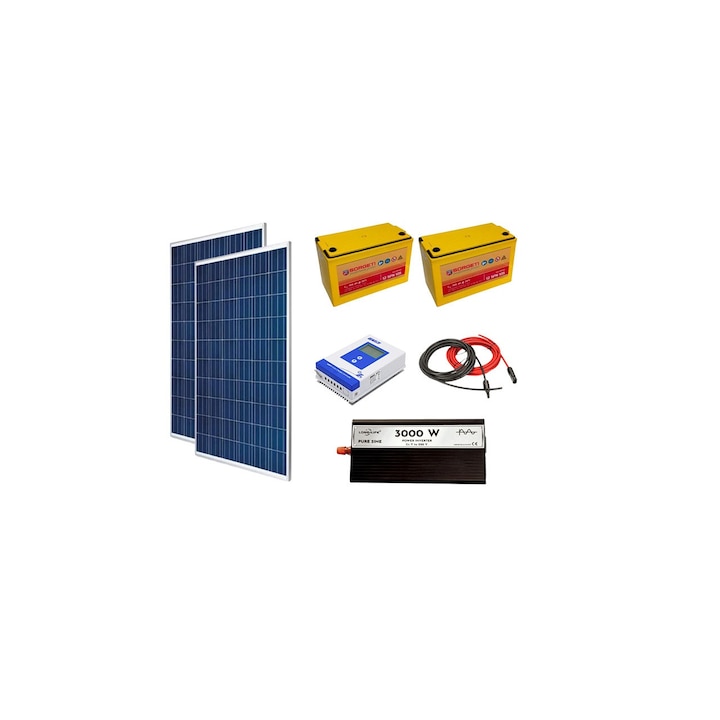 Kit fotovoltaic solar off-grid 560W cu 2 panouri policristaline de 280W, invertor sinus pur 3000W, controller MMPT 30A, baterii solare AGM 105 Ah, cabana, rulota, locuri izolate, container, Solid Volt