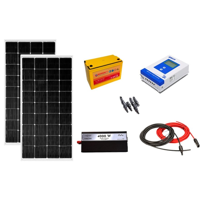 Kit fotovoltaic solar off-grid 400W cu 2 panouri de 200W, invertor sinus pur 4000W, controller MMPT 40A, baterie solara AGM 105 Ah, cabana, rulota, locuri izolate, container