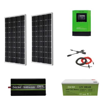 Kit fotovoltaic solar sistem 400 W, 2 x panouri solare 200 W, regulator/controller solar MPPT 40 A 12V/24V, invertor 1500W, SINUS PUR, baterie solara cu GEL 100A, Solid Volt