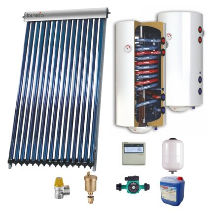 Sistem solar presurizat, panou Fornello 30 Tuburi Heat Pipe, boiler cu 2 serpentine si rezistenta electrica Sunsystem 200 litri, pompa 25-60, controller, vas expansiune, antigel, supapa 1/2, aerisitor 1/2