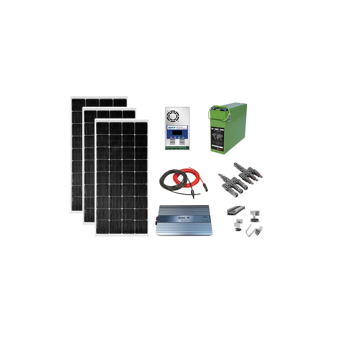 Kit fotovoltaic solar off-grid 600W cu 3 panouri de 200W, invertor sinus pur 8000W, controller MMPT 60A, baterie solara AGM 190 Ah, cabana, rulota, locuri izolate, container, Solid Volt