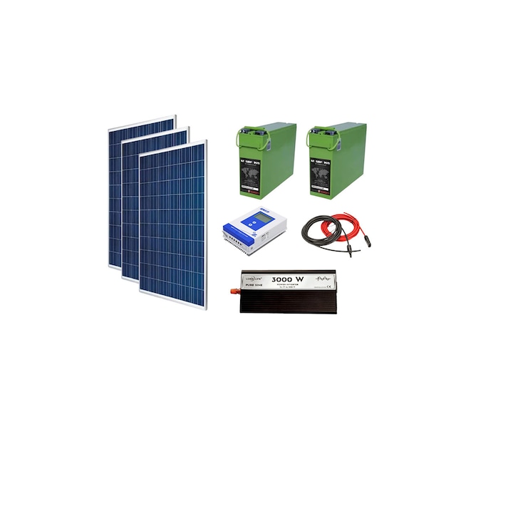 Kit fotovoltaic solar off-grid 840W cu 3 panouri policristaline de 280W, invertor sinus pur 3000W, controller MMPT 40A, baterii solare AGM 155 Ah, cabana, rulota, locuri izolate, container, Solid Volt