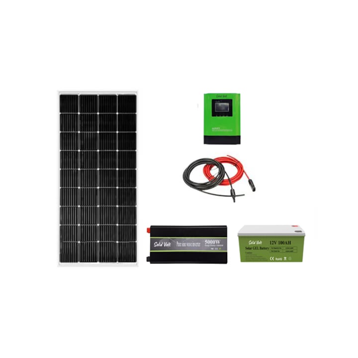 Kit fotovoltaic solar off-grid, panou 200W, invertor sinus pur 5000W, controller MPPT 20A, baterie solara AGM 100 Ah, cabana, rulota, locuri izolate, container, Solid Volt