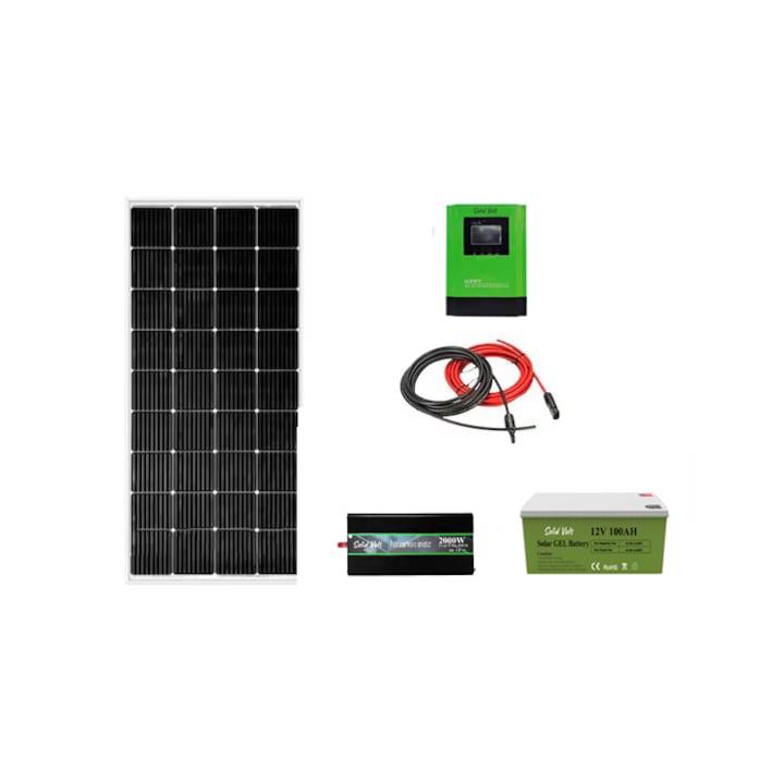 Kit fotovoltaic solar off-grid, panou 200W, invertor sinus pur 2000W, controller MPPT 20A, baterie solara AGM 100 Ah, cabana, rulota, locuri izolate, container, Solid Volt