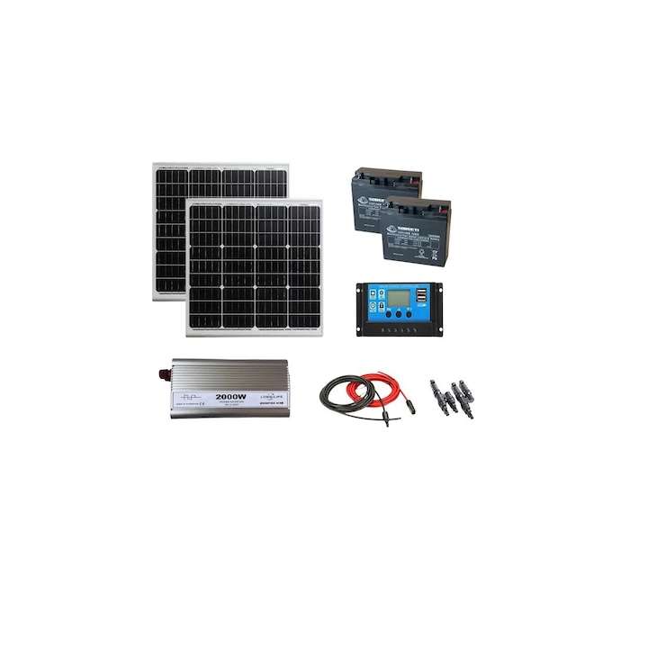 Kit fotovoltaic solar off-grid 60 W cu 2 panouri de 30 W, invertor sinus modificat 2000W 12V, controller 20A, 2 baterii solare AGM 20 Ah, cabana, rulota, locuri izolate, container, Solid Volt