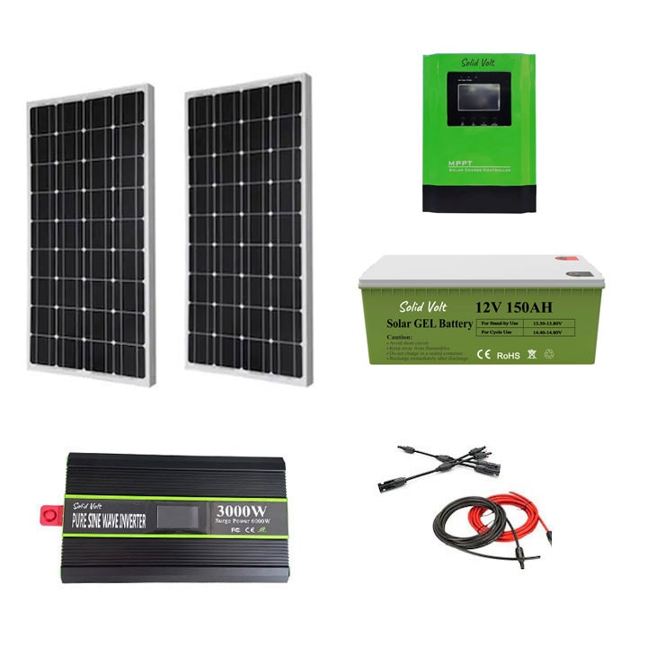 Kit fotovoltaic solar sistem 400 W, 2 x panouri solare 200 W, regulator/controller solar MPPT 40 A 12V/24V, invertor 3000W, SINUS PUR, baterie solara cu GEL 150A, Solid Volt