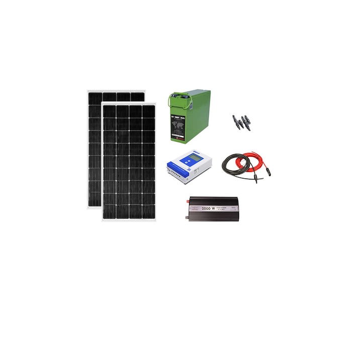 Kit fotovoltaic solar off-grid 400W cu 2 panouri de 200W, invertor sinus pur 2000W, controller MMPT 40A, baterie solara AGM 155 Ah, cabana, rulota, locuri izolate, container, Solid Volt