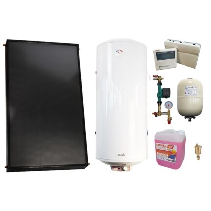 Pachet economic sistem solar presurizat, Panou solar plan Fornello 2.0 m² SPFP, Boiler termoelectric tanc in tanc Fornello Titanium Plus 120 litri, grup pompare, controller, vas expansiune, antigel, aerisitor 1/2